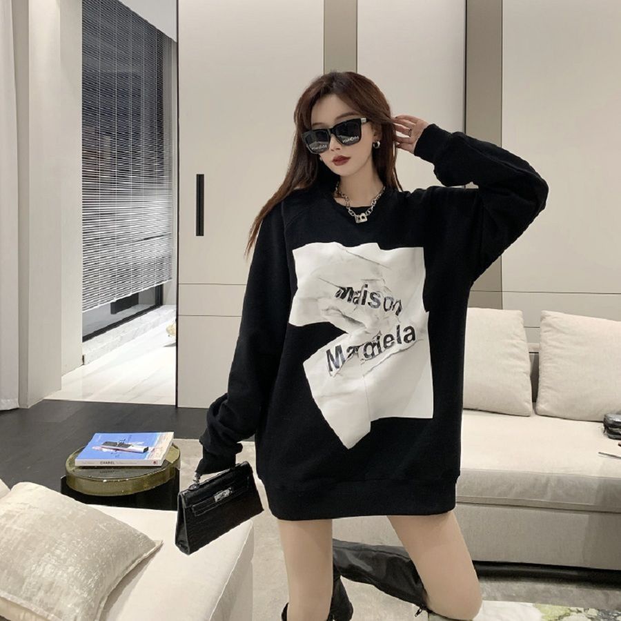 Black sweater Women's Fashion ins Spring and Autumn thin Korean loose oversize medium-long round-neck long-sleeved blouse