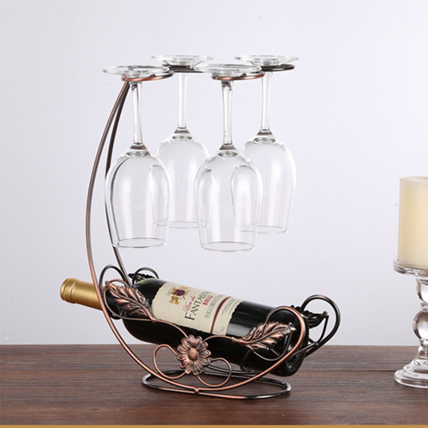 Kệ để rượu kèm giá treo 4 ly vang - Giá đỡ rượu vang có móc treo 4 ly trang trí bàn ăn & quầy bar, nhà bếp, phòng ăn