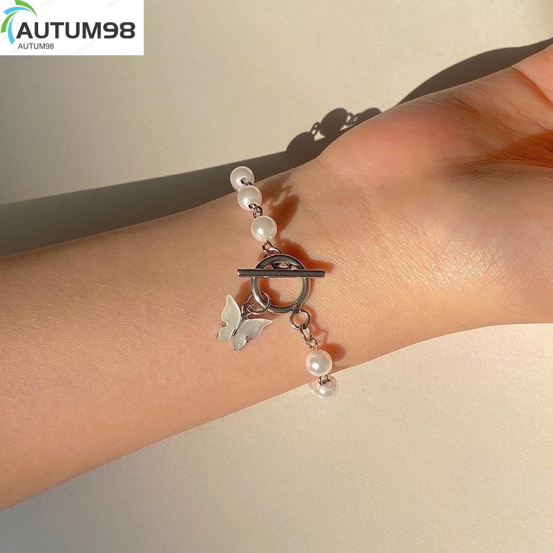Autum98 Vòng đeo tay trang trí mặt cánh bướm đính hạt ngọc trai phong cách hoài cổ cho nữ (B1-4-5)
