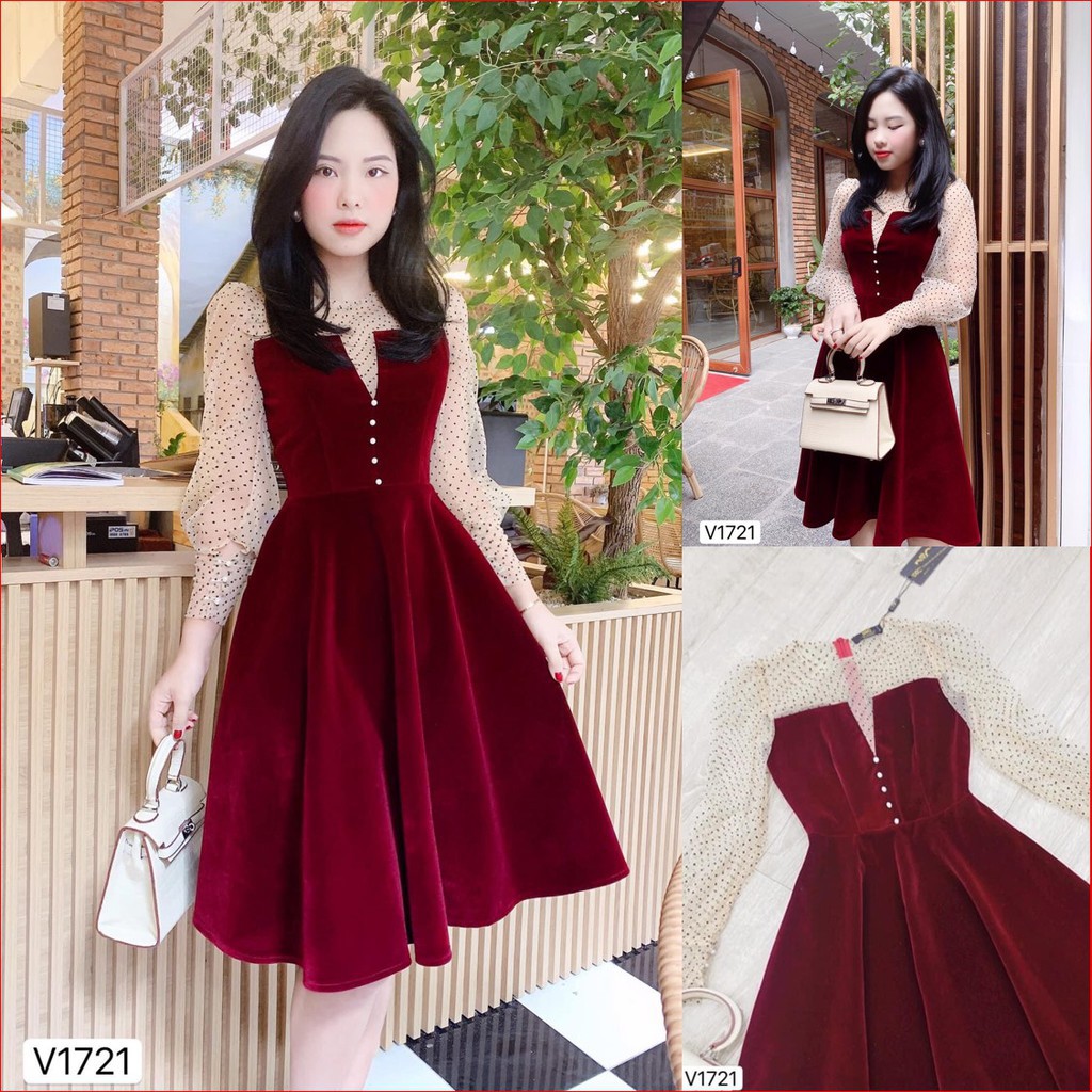 Đầm xòe công chúa [Đẹp DVC]  Váy xòe vải nhung đỏ tay dài chấm bi V1721