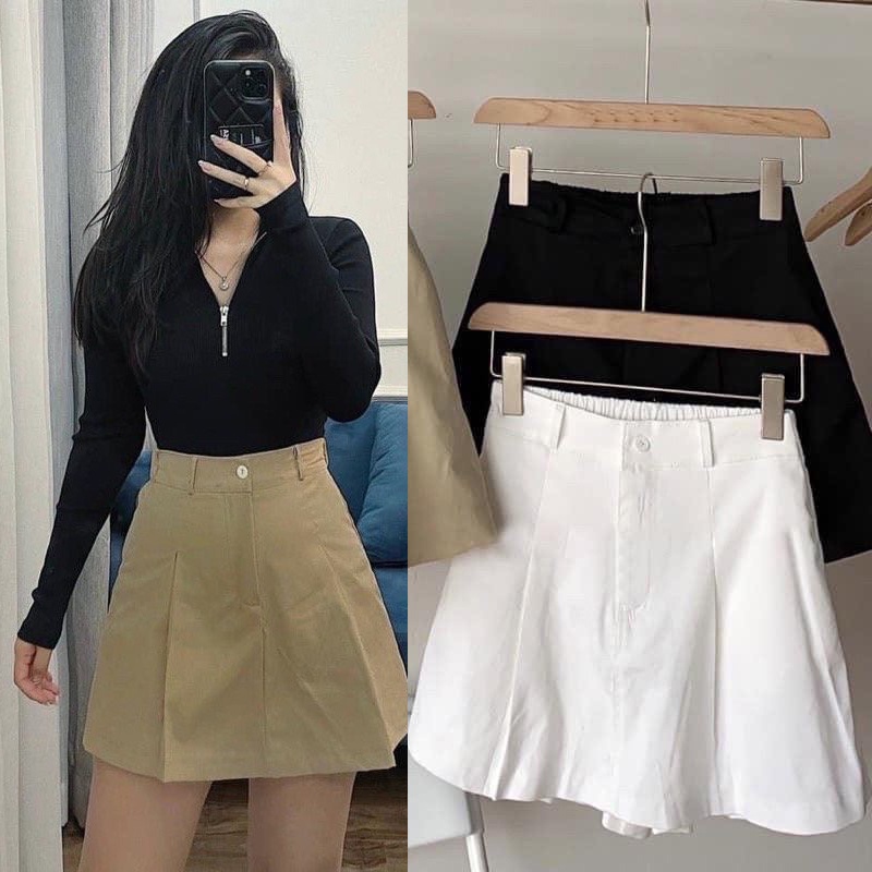 Quần Giả Váy Chữ A Dáng Xoè Xếp Ly Cạp Cao Chun Sau Chất Kaki Co Giãn Ulzzang