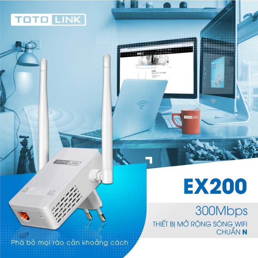 Bộ kích sóng wifi Totolink EX200 Tốc độ 300Mbps Kích Xuyên Tường (Bảo hành 12 tháng 1 ĐỔI 1)