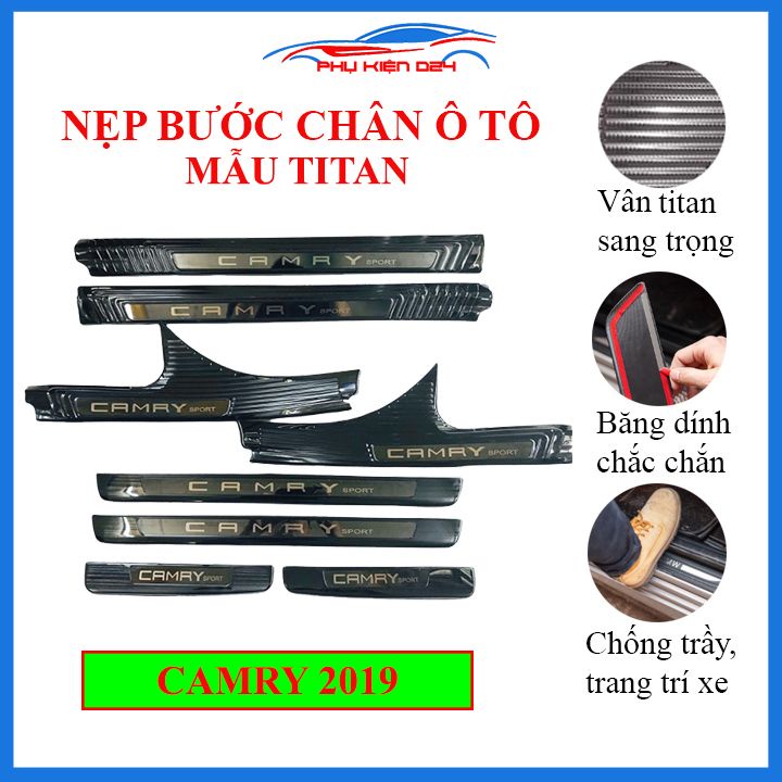 Bộ ốp bậc cửa trong ngoài nẹp bước chân Camry 2019-2020-2021 vân Titan chống trầy trang trí xe