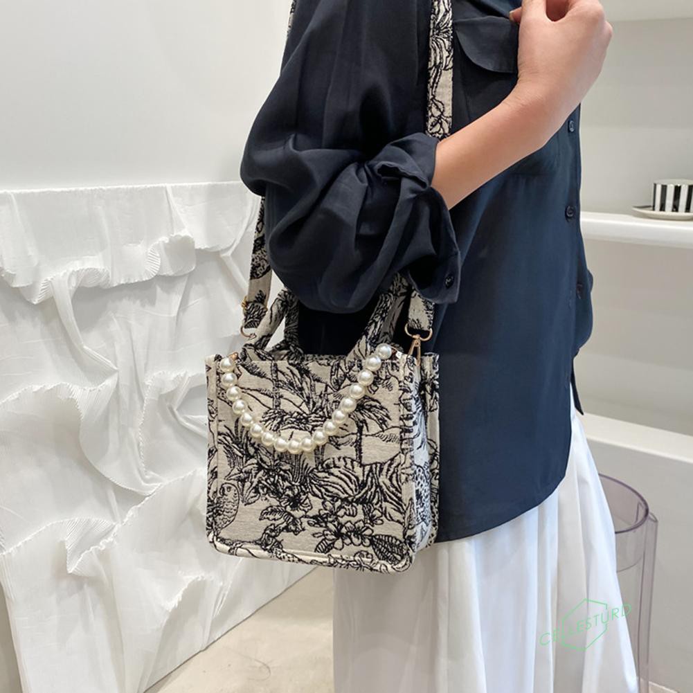Vintage Women Canvas Print Messenger Bag Casual Pearl Top-handle Handbags