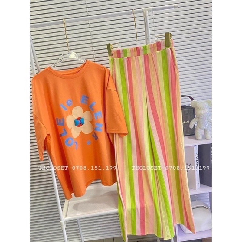 Set áo cotton cam  đính nơ quần suông cầu vòng