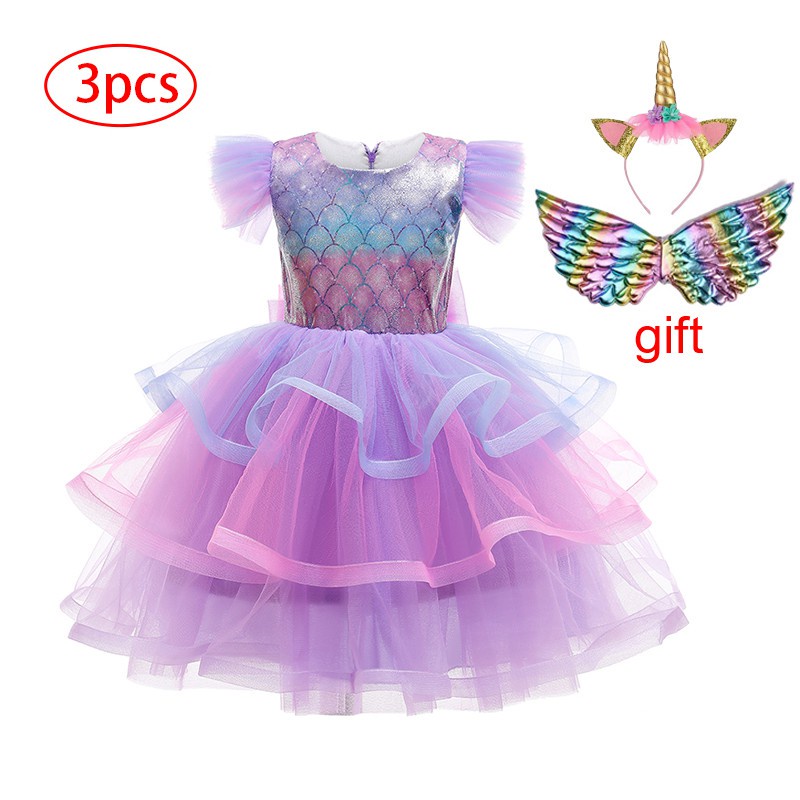 Đầm Hóa Trang Nàng Tiên Cá Phối Lưới Hở Lưng Màu Tím Xinh Xắn Cho Bé Gái