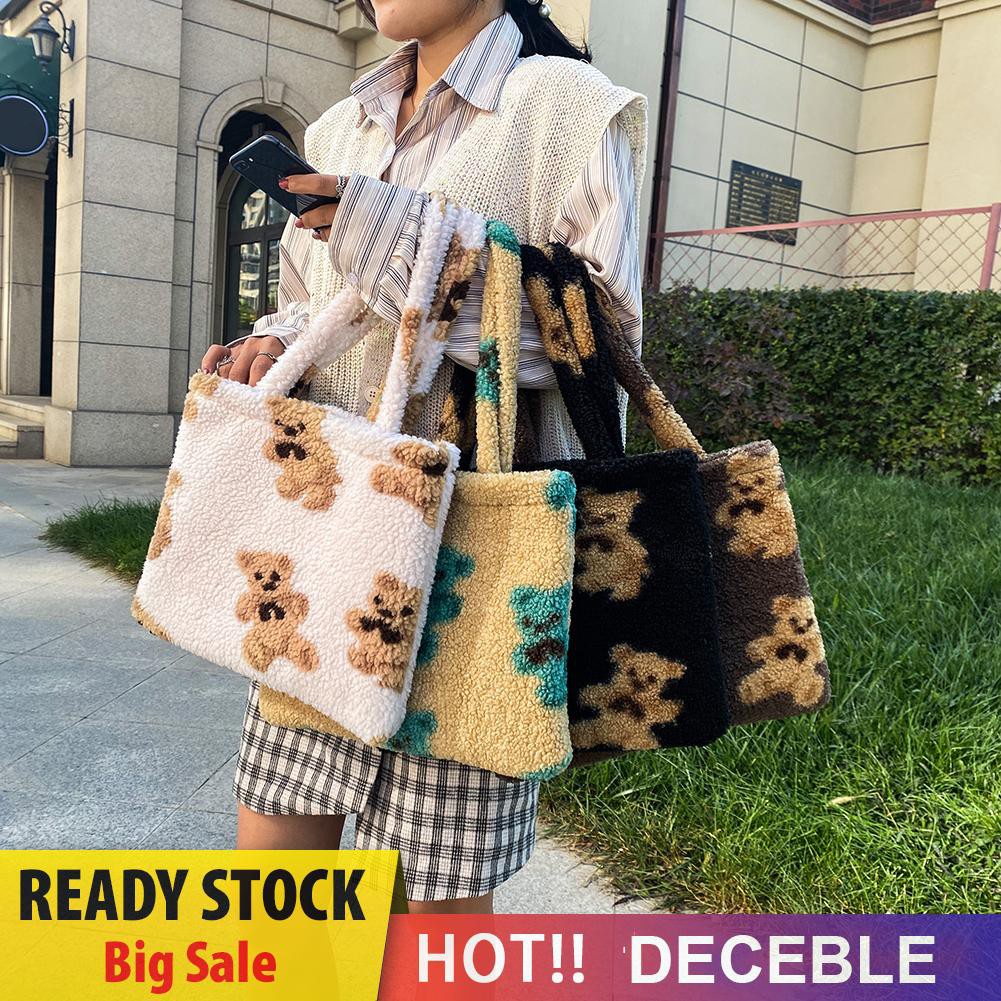 Deceble Bear Printed Handbag Women Plush Shoulder Top-handle Bag Big Capacity Tote