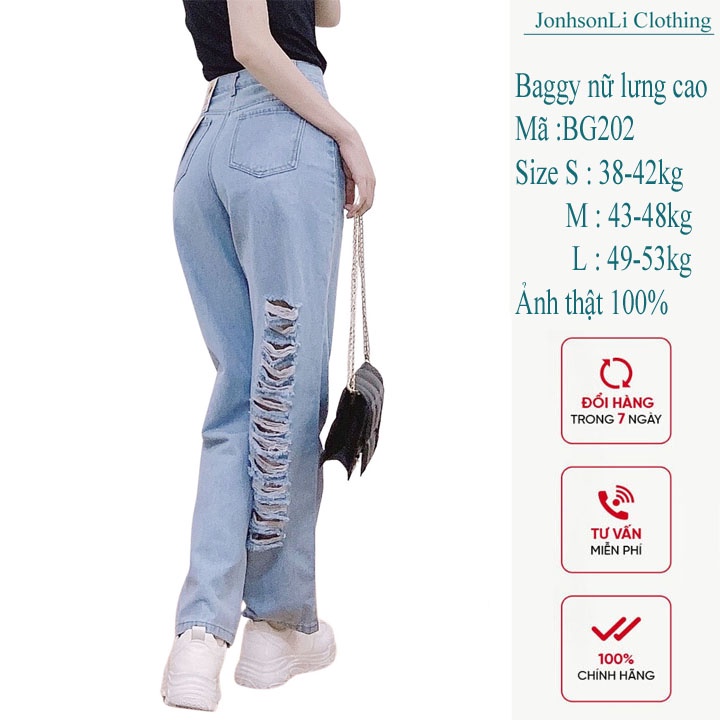 Quần baggy jean nữ cao cấp, lưng cao,màu xanh jean bạc cắt rách nhiều, quần jean nữ  LB202 JL JohnsonLi