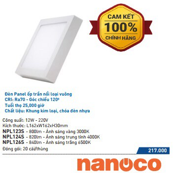 Đèn LED Panel Ốp Trần Nổi Loại Vuông   Nanoco 12W - NPL123S, NPL124S, NPL126S - Góc Chiếu 120°
