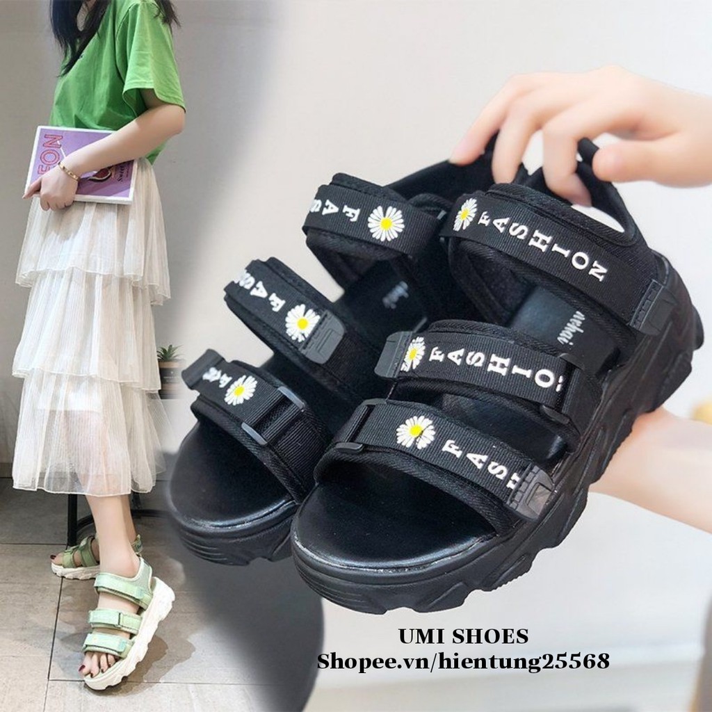 Sandal hoa cúc 3 quai ngang màu đen full/xanh mint cá tính năng động trẻ trung mới đơn giản đế cao 4cm bền đẹp học sinh