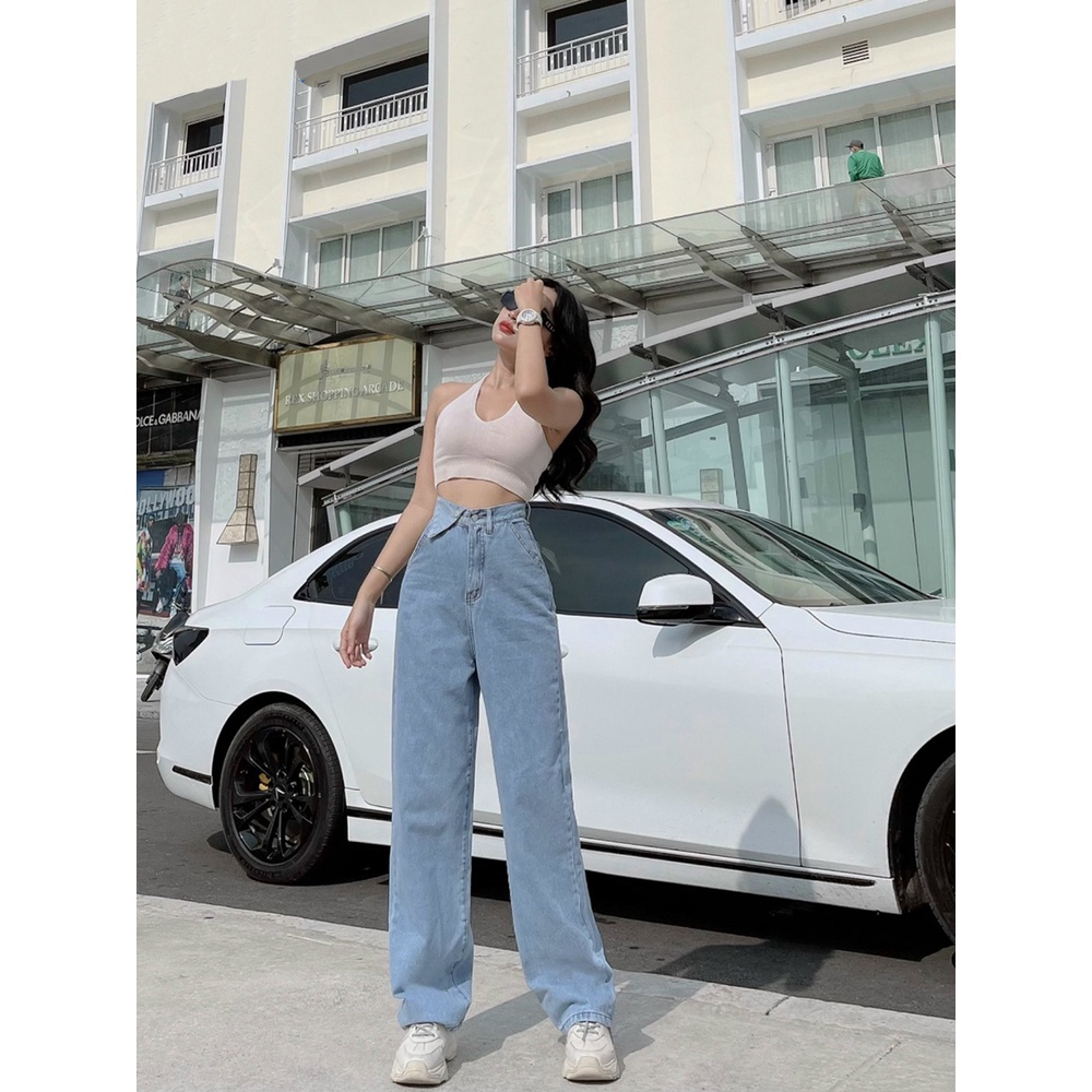 Quần jean nữ ống rộng túi nắp phía trước màu xanh, quần bò nữ lưng cao dáng suông basic OHS3908