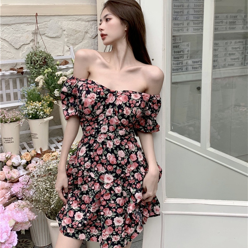 Đầm Hoa Cổ Vuông Ngắn Tay Thời Trang Mùa Hè Dành Cho Nữ