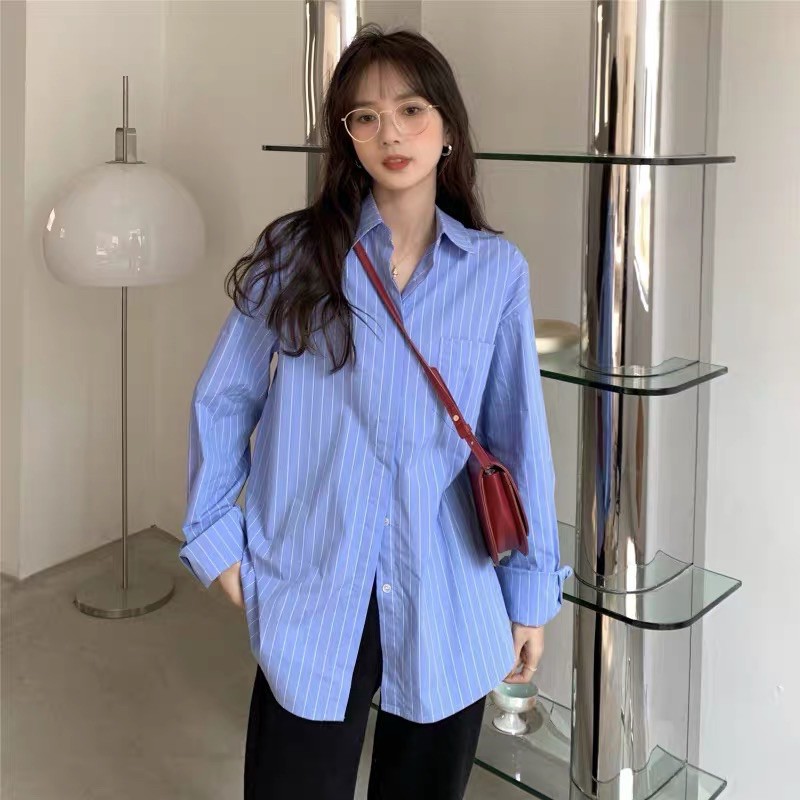 Áo Sơmi xanh kẻ sọc nhỏ  dáng rộng Oversized Ulzzang