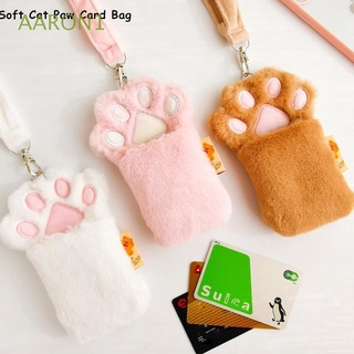 AARON1 Korean Cat Paw ID Card Holder Soft Bank Cards Cover With Rope School Stationery Plush Kawaii Keychain Badge Case Bus Card Protector/Multicolor
