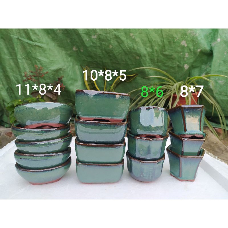 Bộ 15 chậu cây cảnh mini Gốm bát tràng men xanh hoả biến sen đá
