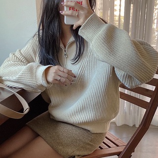 Áo len nữ cổ đứng kéo khóa form thụng style Hàn Quốc đơn giản