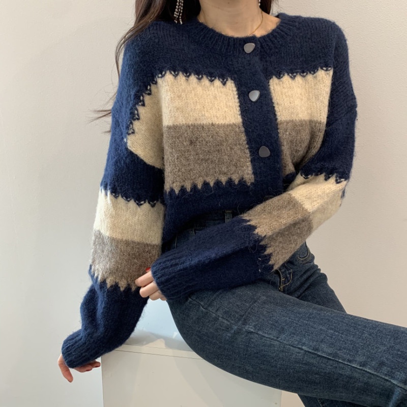 Áo Khoác Cardigan Dệt Kim Tay Dài Họa Tiết Kẻ Sọc Phong Cách Retro Hàn Quốc Thời Trang Thu Đông Cho Nữ