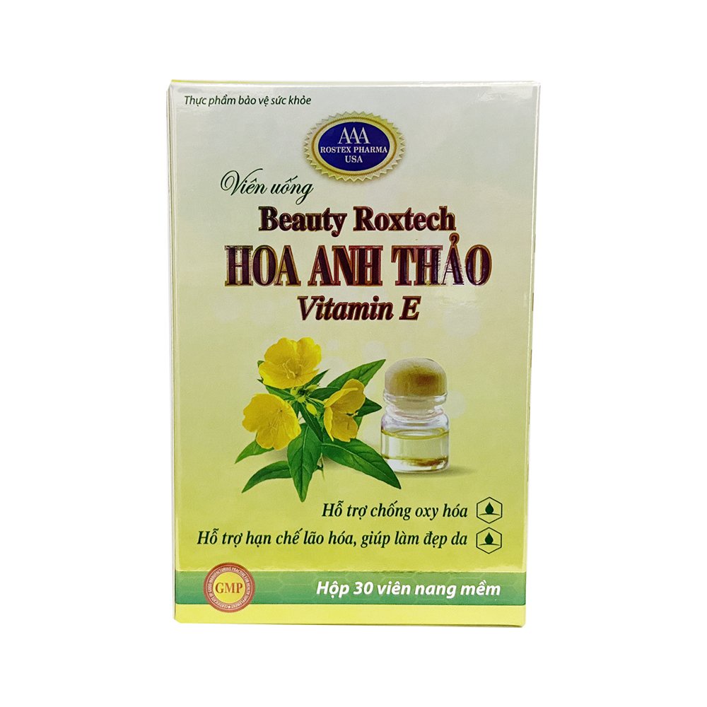 Viên uống dầu hoa anh thảo 1000mg, vitamin E giúp đẹp da, chống lão hóa - 30 viên [Beauty Roxtech Hoa Anh Thảo]