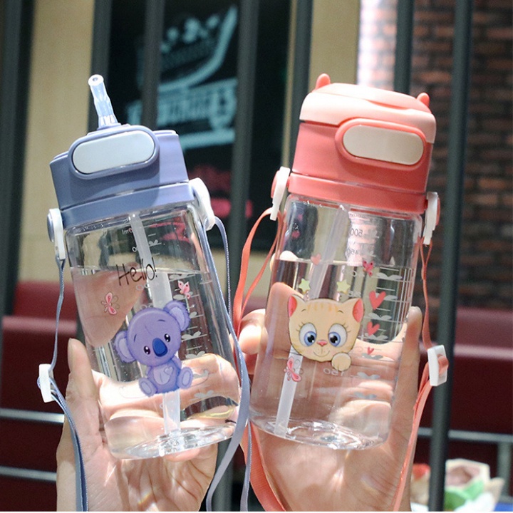 Bình nước cho bé đi học bình tập uống nước 550ml cute có dây đeo nắp bật ống hút mềm cao cấp BN03 Homedy Kids