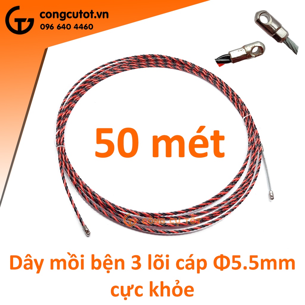 Dây mồi bện 3 lõi cáp Ø6mm cực khỏe vằn đỏ đen dài 50m