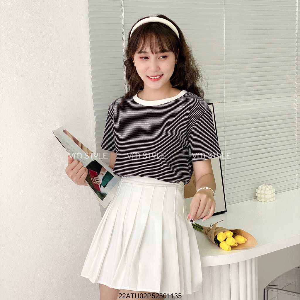 Áo thun nữ ngắn tay VM STYLE Thiết kế form rộng họa tiết sọc ngang phối viền cổ - 22ATU02P52501