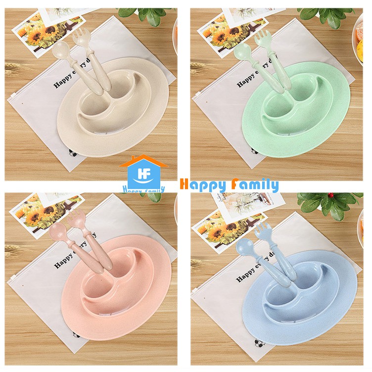 Bộ khay ăn muỗng nĩa mặt cười làm từ sợi lúa mì