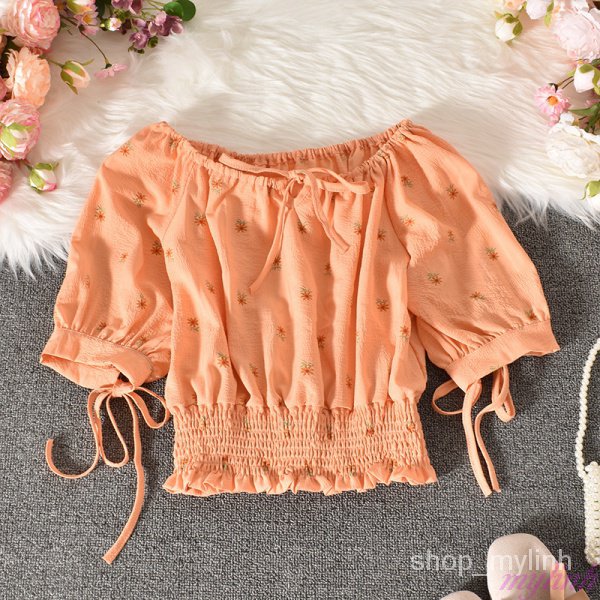 Áo sơ mi ngắn tay in hoa cúc nhỏ thắt nơ, áo sơ mi tay phồng