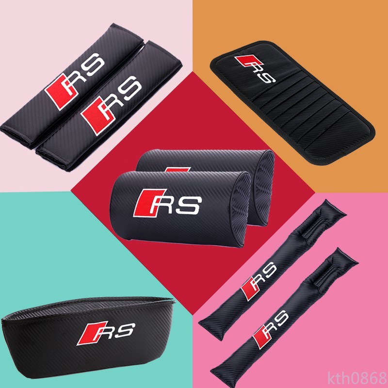 In stock Audi RS Carbon Fiber Car Seat Neck Headrest Safety Belt Pad Cover Shoulder Pad Gap Leak-Proof Slit Plug Sun Visor CD Clip Catcher Box Car Steering Wheel Cover