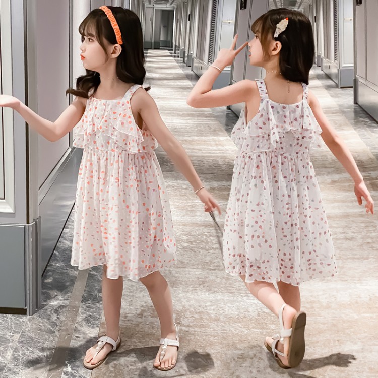 New girls' small dresses, boutique Korean children's clothing, big boys and girls, color dot chiffon dresses, lovely temperament, comfortable, cool and breathable