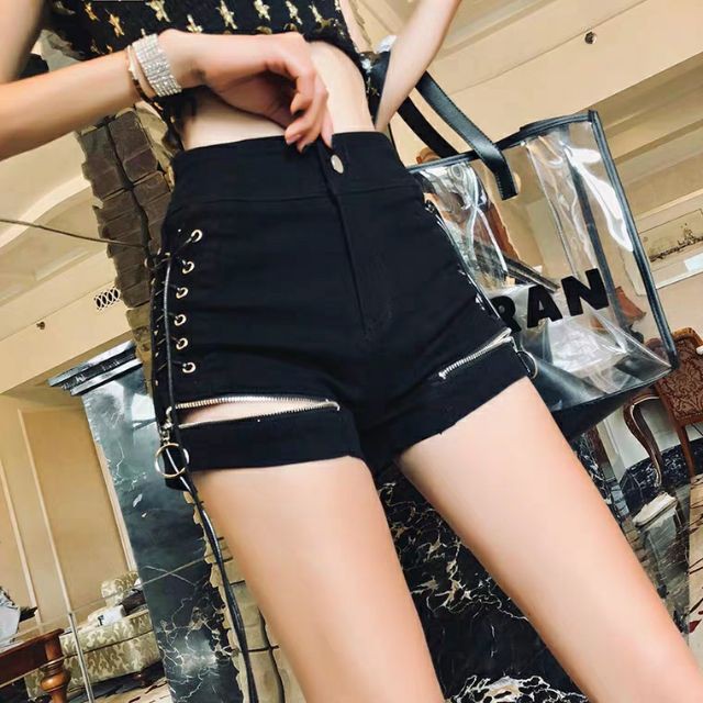 (Sẵn đen S) Quần short nữ cạp cao kéo khóa hông buộc dây độc đáo phá cách sexy