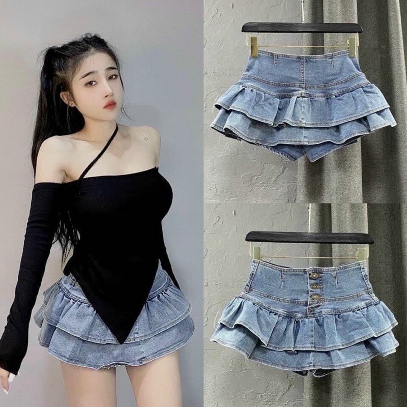 chân váy ngắn hàng nút phối xòe đuôi cá chất jean