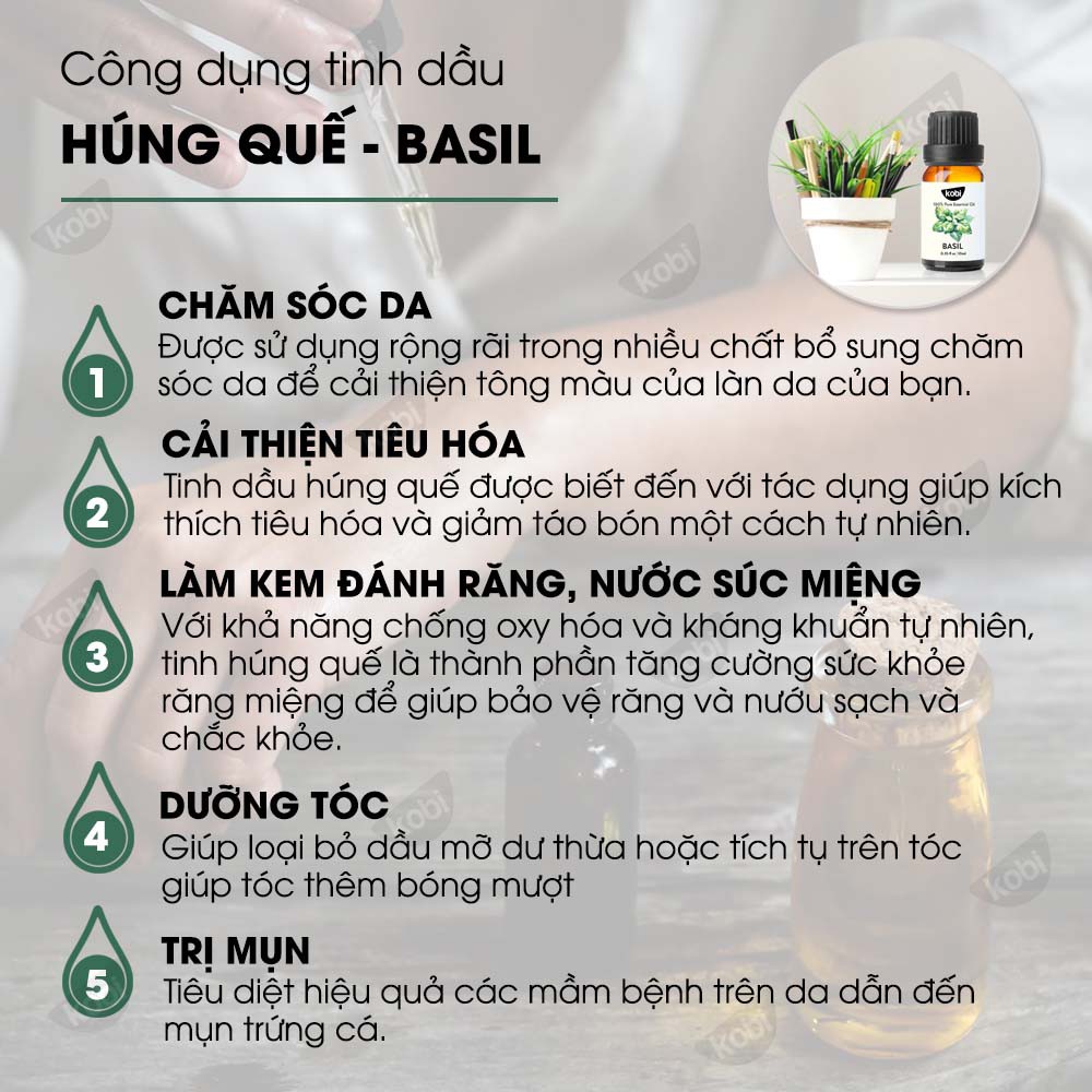 Tinh dầu Húng Quế Kobi Basil essential oil giúp dưỡng tóc, kích thích tiêu hóa - 5ml