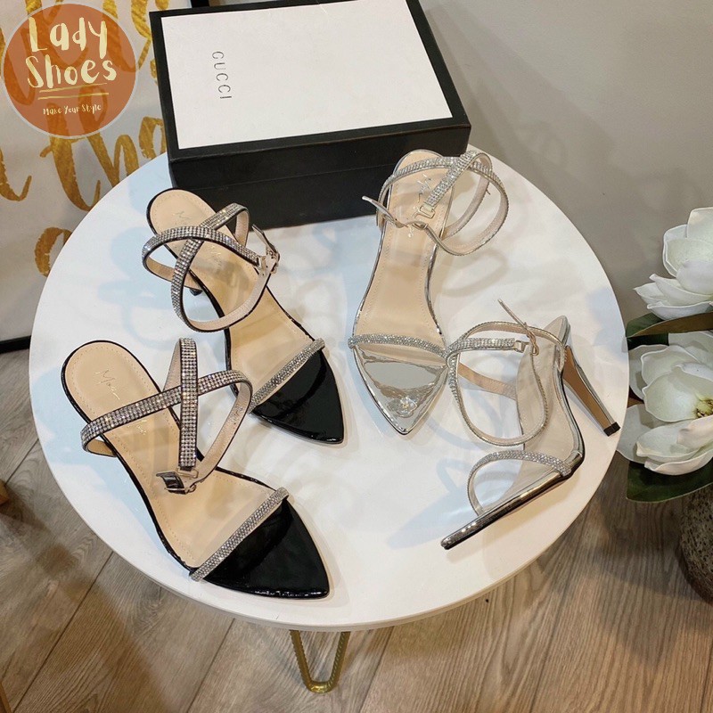 Sandal mũi nhọn quai tròn đính đá hh gót 9p giaynu99