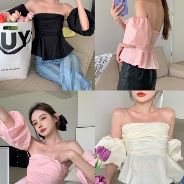 [MURIOKI] Áo Croptop Trễ Vai Tay Phồng Phong Cách Pháp Thời Trang Cho Nữ 2022