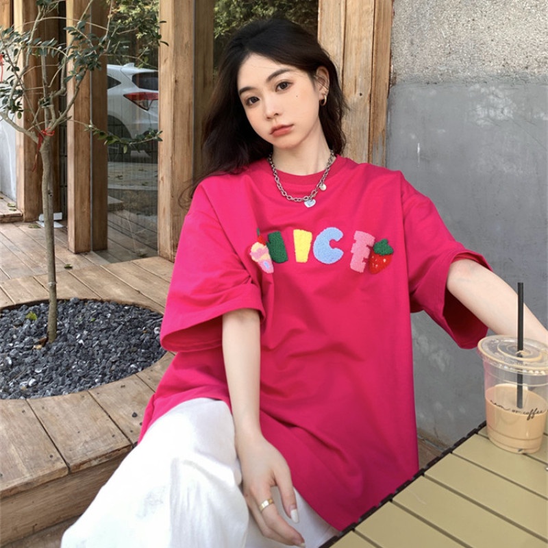 Áo Thun Tay Ngắn Cổ Tròn Dáng Rộng Thêu Chữ Thời Trang Trẻ Trung