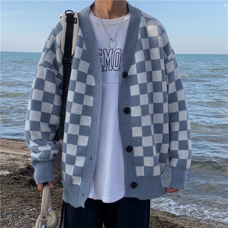 Áo khoác cardigan họa tiết kẻ ô thời trang thu đông cho cặp đôi