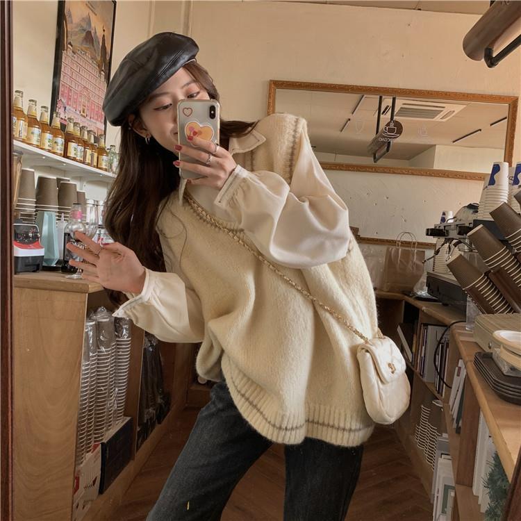 Set Áo Sơ Mi Dài Tay + Áo Khoác Không Tay Thời Trang Cho Nữ