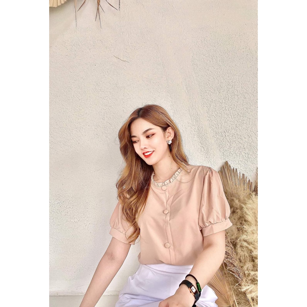 Áo sơ mi nữ công sở thời trang SURI chất lụa Hàn mềm mịn màu da tay ngắn xếp ly-BOCNUTDA