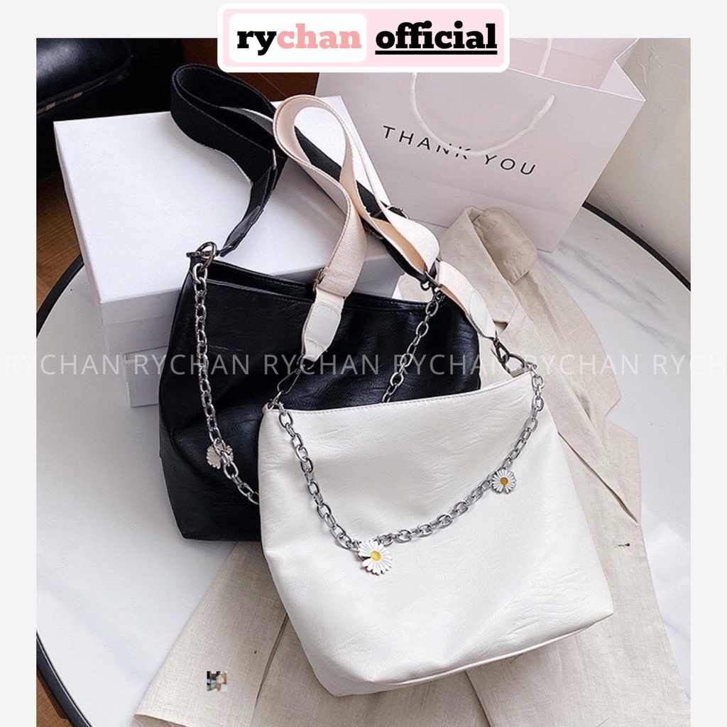 Túi Tote Trơn Đeo Vai Đeo Chéo Phối Dây Xích Hoa Cúc Hai Màu - RY341