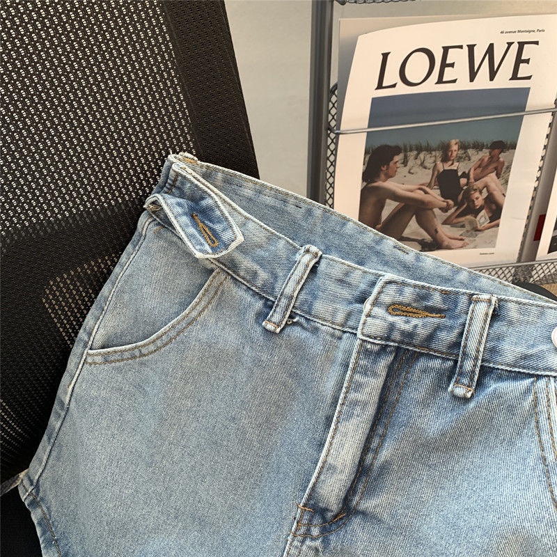 Quần Jeans Lưng Cao Ống Rộng Thêu Hình Trái Tim Màu Sắc Tương Phản Thời Trang Cho Nữ