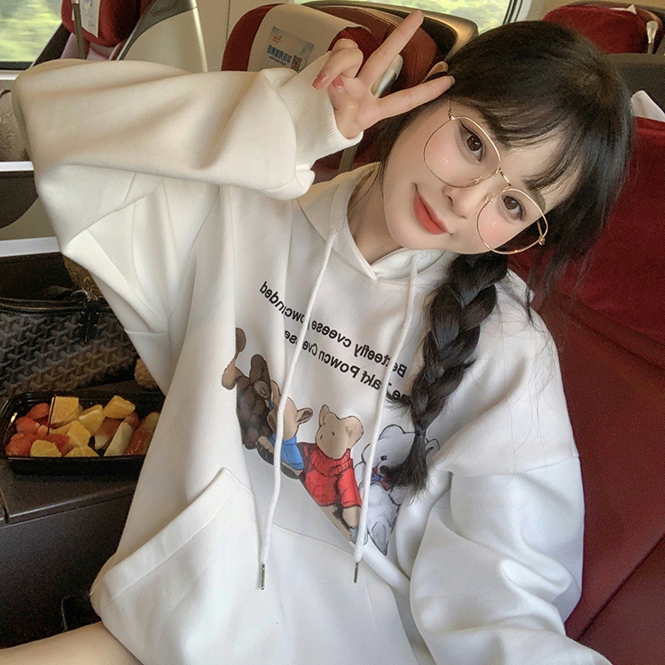 Áo hoodie dài tay dáng rộng in hình giản dị dễ phối đồ thời trang