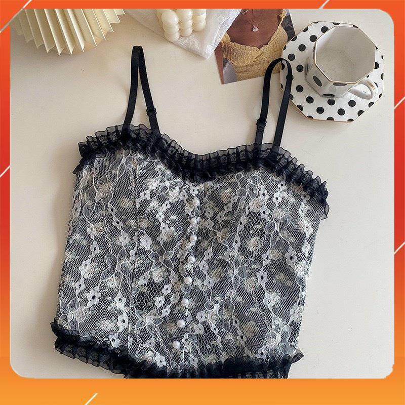 Áo bra 2 dây cúc ngọc họa tiết hoa lá mix ren điệu đà sang chảnh hot hit