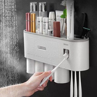 Bộ Nhả Kem Đánh Răng Tự Động, Kệ để đồ phòng tắm đa năng lắp đặt dính tường kèm cốc từ tính  TẶNG NGAY 5 móc dính tường