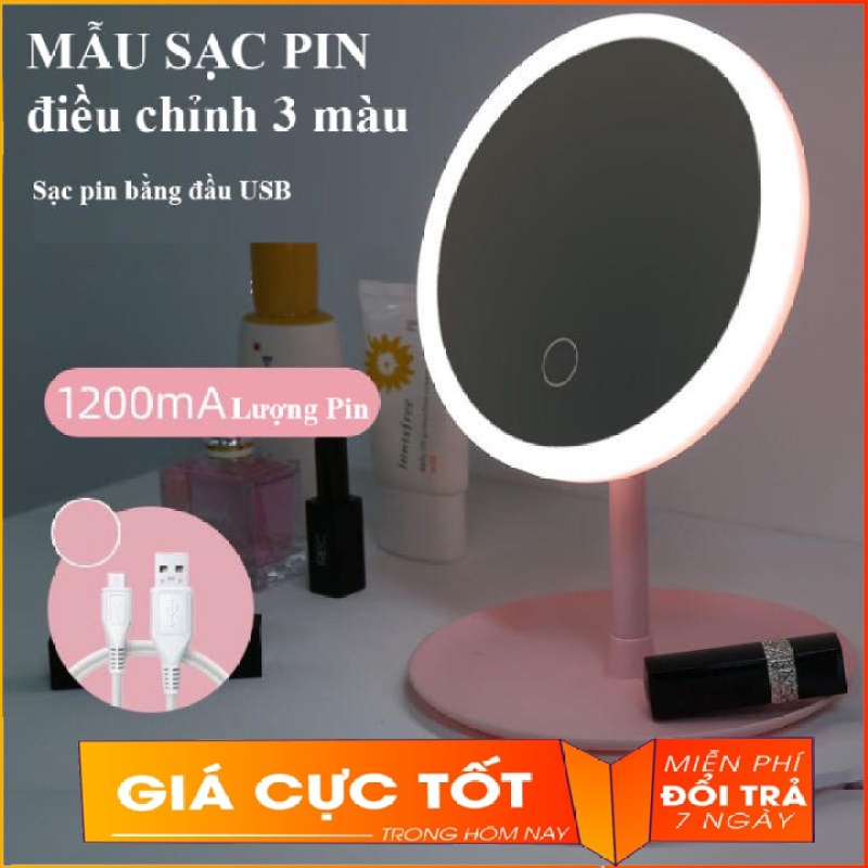 Gương để Bàn LED Cảm Ứng 3 Cấp Độ Ánh Sáng, Màn Hình Cảm Ứng,  Cáp Sạc USB