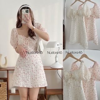 Đầm váy hoa nhí chất xốp tay phồng cổ vuông