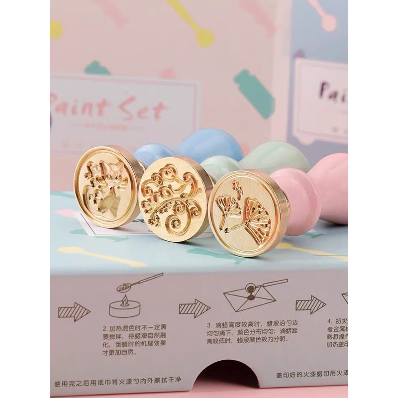 SẴN set hộp con dấu sáp niêm phong sealing wax pastel dễ thương (mặt dấu ngẫu nhiên)