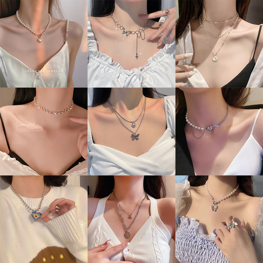 Vòng cổ Mặt Hình Trái Tim/ Bướm Đính Ngọc Trai Thời Trang Hàn Quốc Cho Nữ
