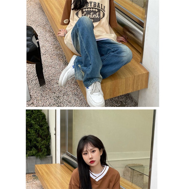 Áo thun cổ chữ V tay ngắn phối màu cổ điển họa tiết chữ phong cách châu Mỹ thời trang dáng rộng cho nữ