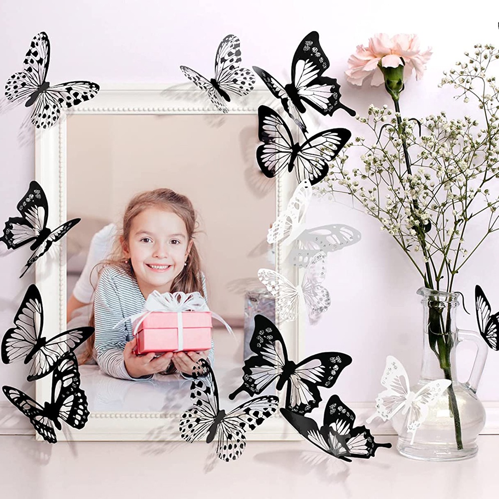 1 Set Miếng Dán Tường Trang Trí Hình Bướm Đen Và Trắng 3D Bằng PVC Có Thể Tháo Rời