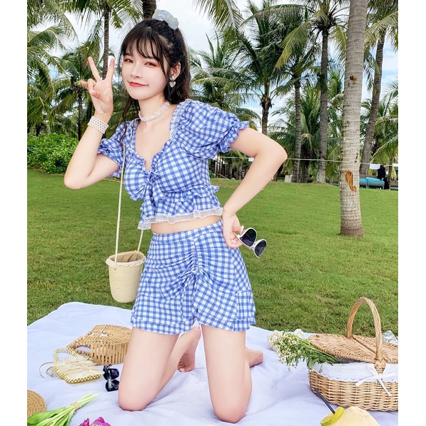 BỘ ĐỒ BƯƠI NỮ 2 MẢNH KẺ CARO  PHỐI REN  RÚT DÂY NỮ TÍNH